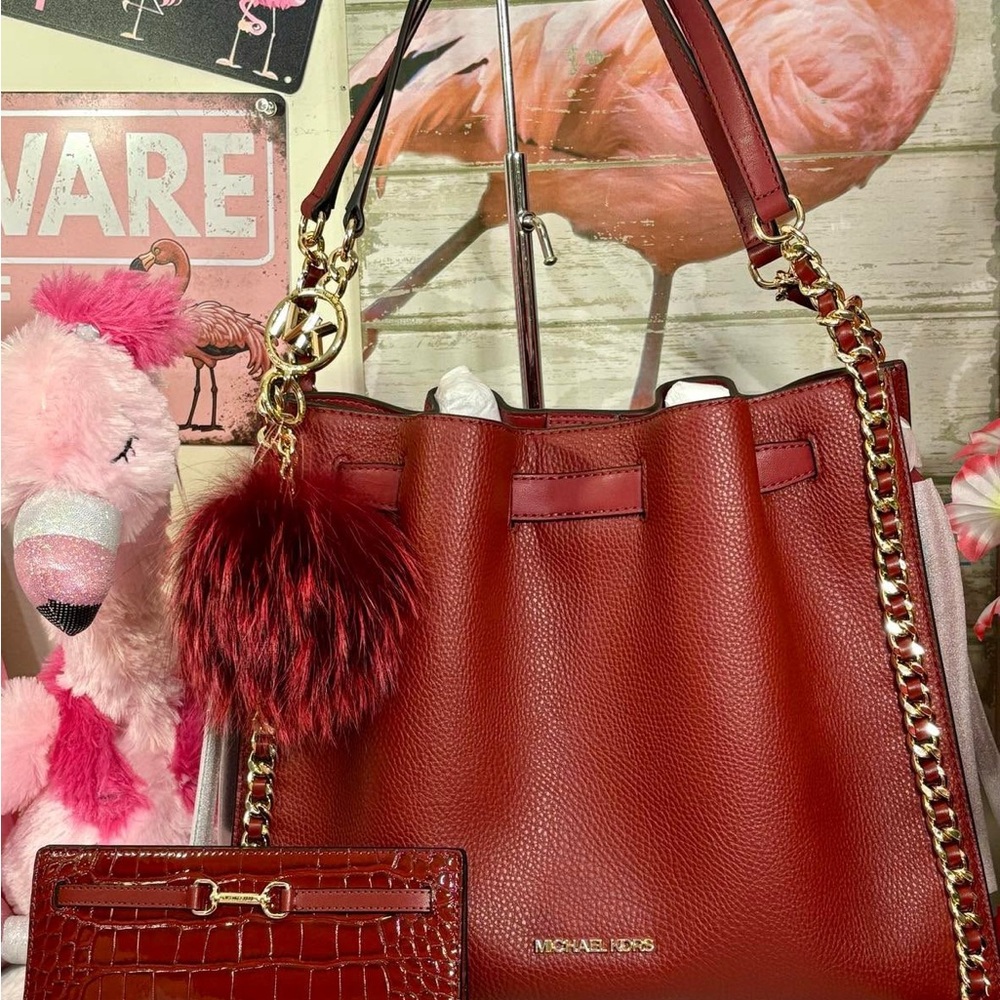 Michael Kors Large Pebbled leather Mina in Cherry 3 piece set